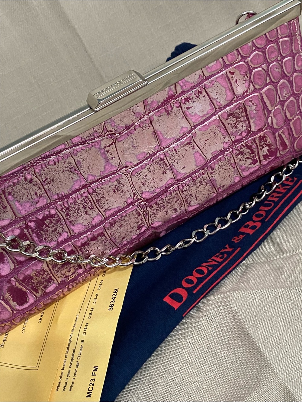 NEW Dooney & Bourke Rare Clutch Bag Metallic Pink Leather Croc Silver Vintage - Picture 2 of 16